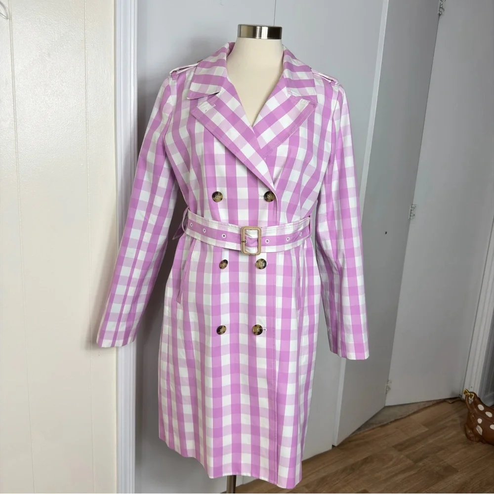 J. Crew Pink Gingham Trench Coat -Size 12-Belted NWT - Picture 5 of 16